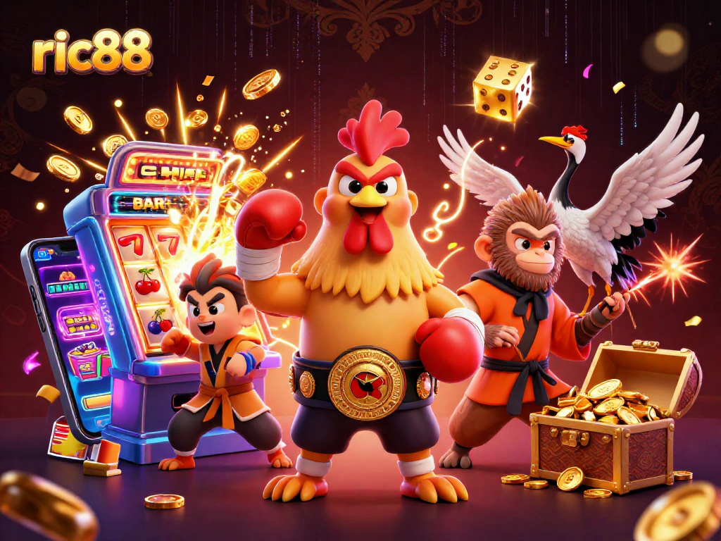 Experience thrilling jackpots with ric88's vibrant casino scene featuring unique characters and exciting game elements.