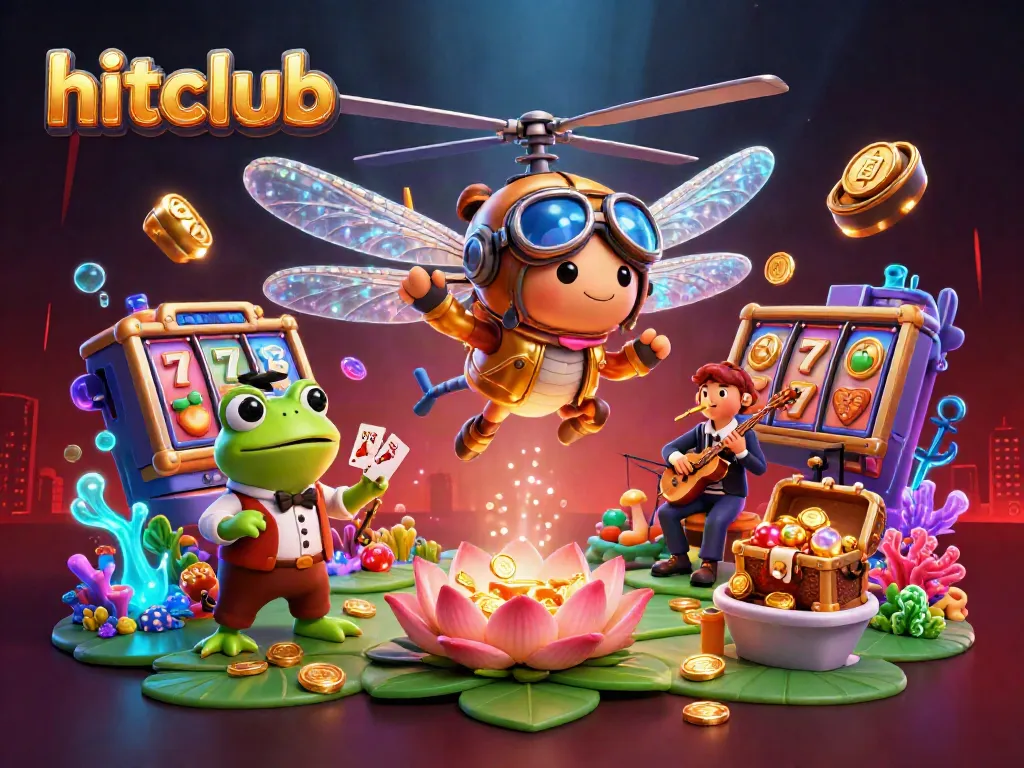 hitclub themed vibrant casino scene with dragonfly pilot, frog dealer, and lively musicians