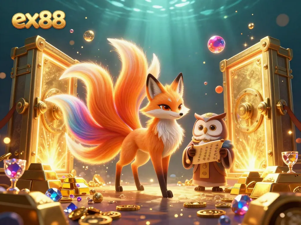 Experience thrilling luck with ex88, a vibrant casino world illuminated by a nine-tailed fox and treasure.