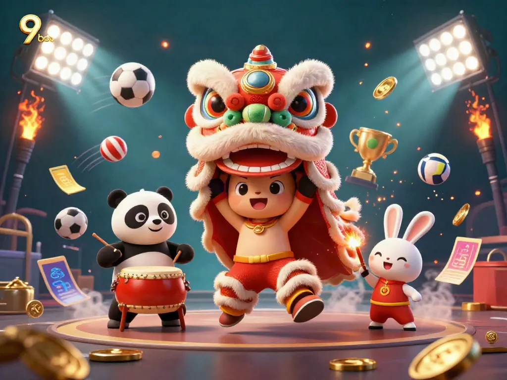 Experience exciting wins with 9 bet in a vibrant 3D casino scene with cheerful characters and sports elements.