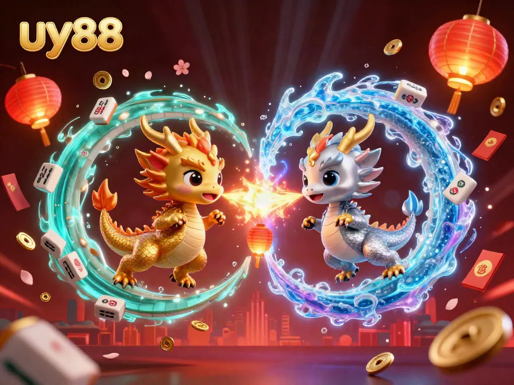 Engage in thrilling gameplay at uy88 with twin dragons battling flames and ice in a vibrant 3D casino scene.