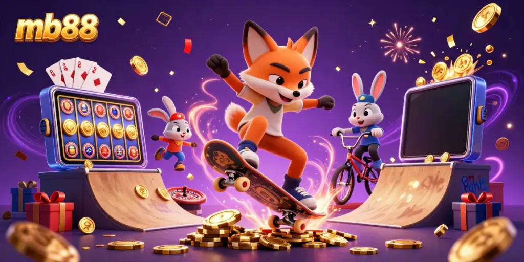 Experience the thrill of gaming with mb88's vibrant 3D casino illustration featuring a skateboarder fox and BMX rabbit.