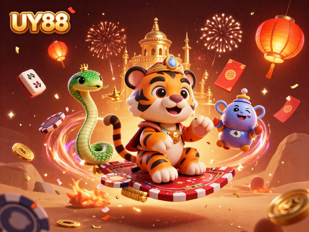 Join UY88 for thrilling adventures with this vibrant casino-themed illustration featuring a tiger sultan and gaming symbols.