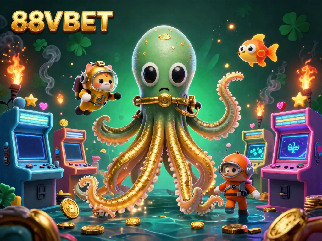 Experience thrilling gaming at 88VBET with a vibrant illustration featuring a majestic kraken and a diving cat.