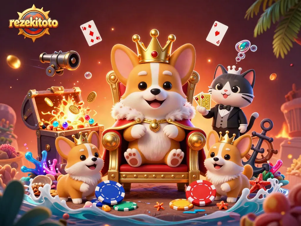Experience rezekitoto's thrilling gameplay with a majestic corgi and a vibrant casino scene.