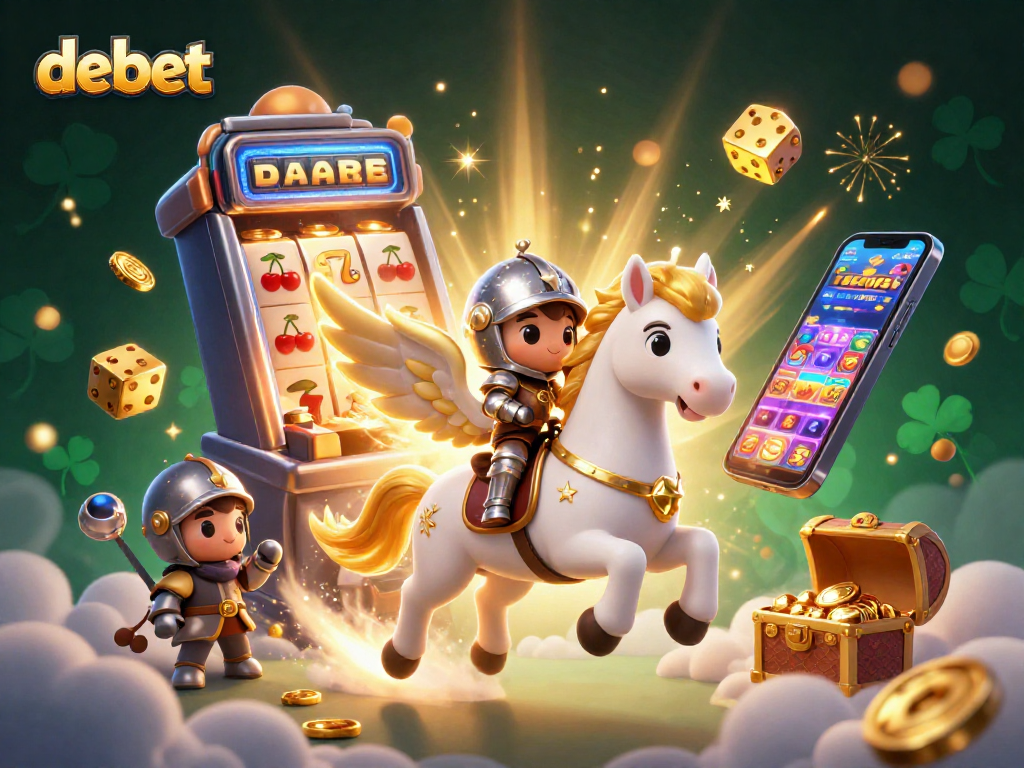 Engage in thrilling gameplay with debet as a dazzling slot machine bursts coins and joyous elements surround you.