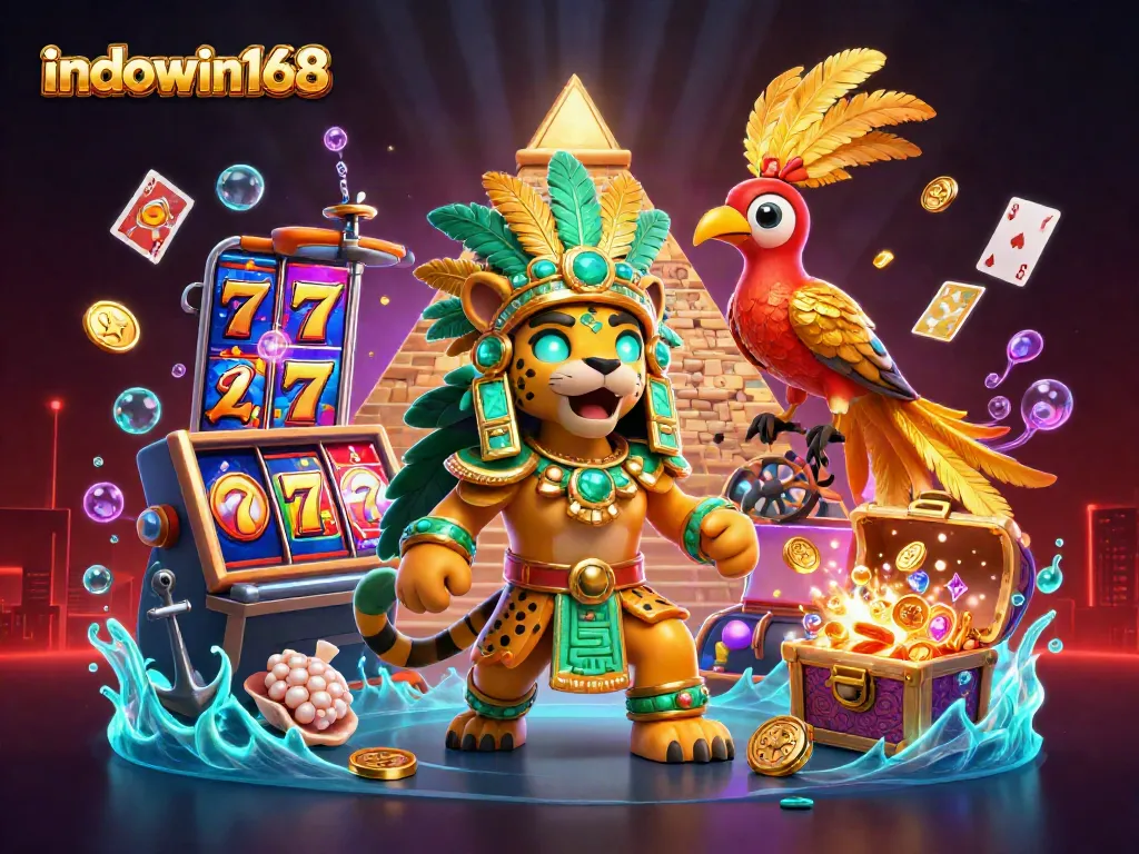 Bet on indowin168 with a vibrant casino scene featuring a Mayan priest and dynamic slot elements.