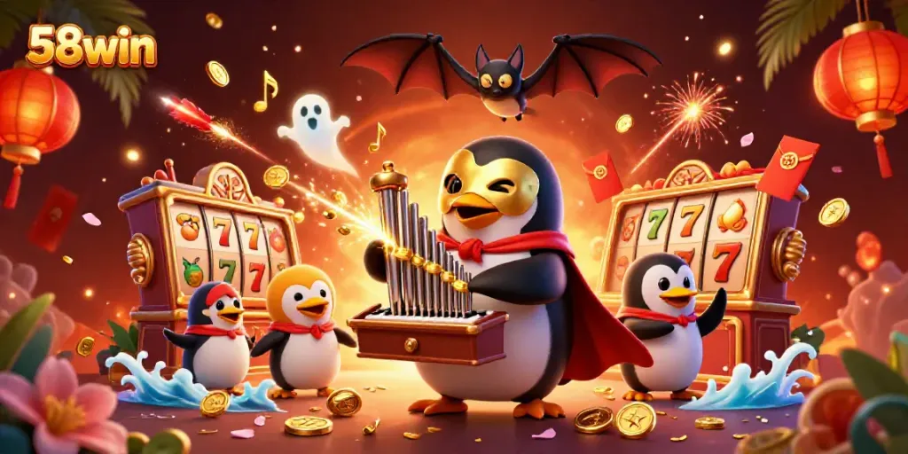 Engage the excitement of 58win with a vivid 3D illustration of a penguin playing music amidst casino-themed elements.