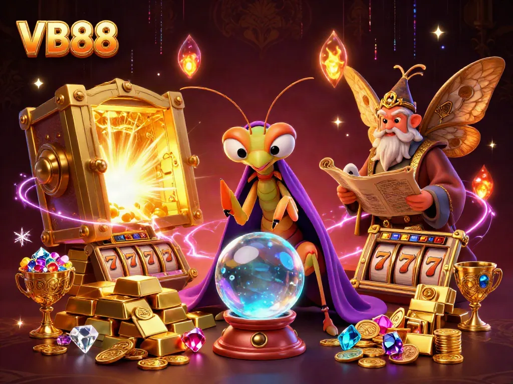 Engage with VB88 through an enchanting scene of a fortune teller and librarian, set in a lavish casino atmosphere.