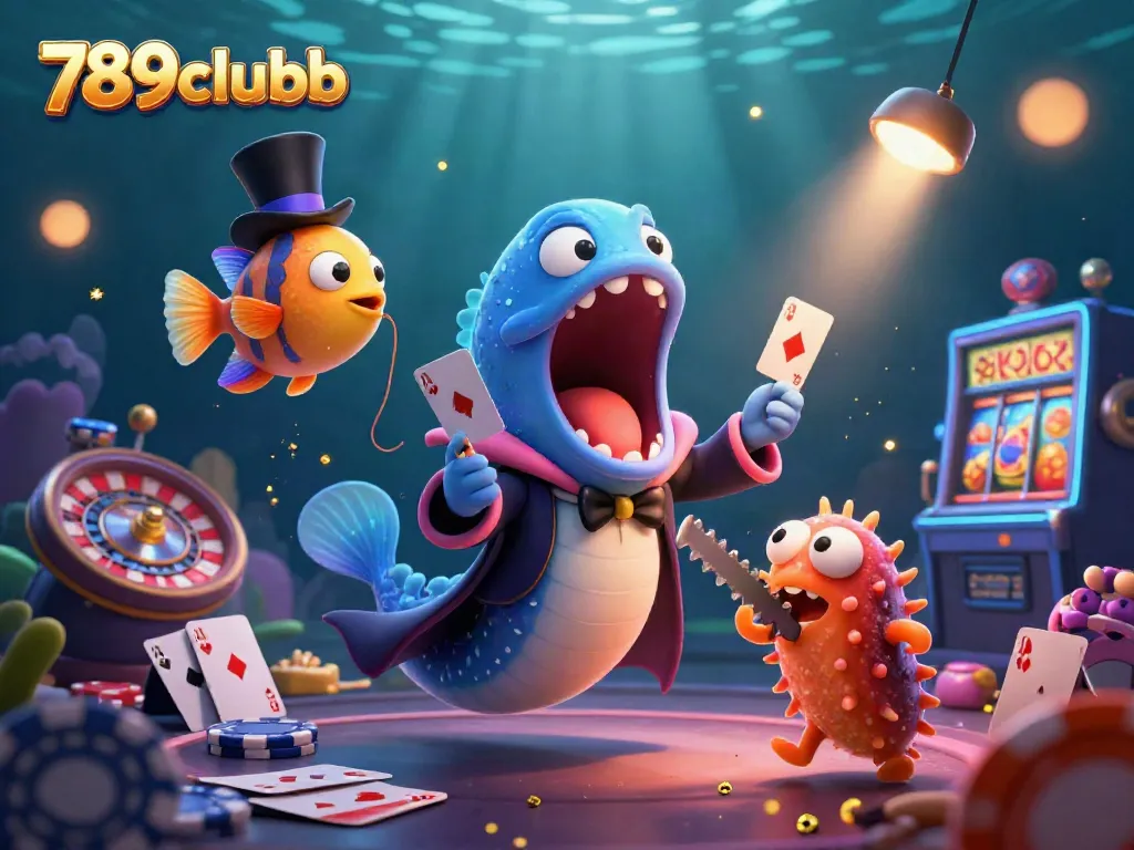 Engage with 789clubb's vibrant undersea casino magic featuring a bioluminescent eel performing card tricks.