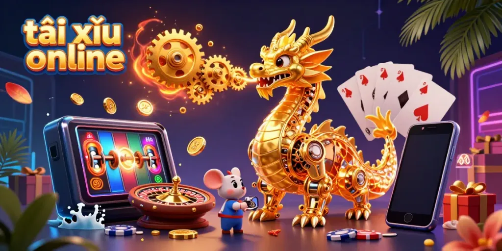 Experience the thrill of tài xỉu online with a dynamic golden dragon scene featuring exciting game elements.