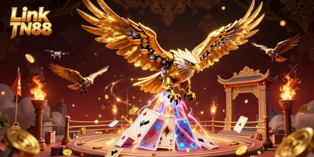 Experience thrilling gameplay with Link TN88 featuring a cybernetic eagle and holographic cards.
