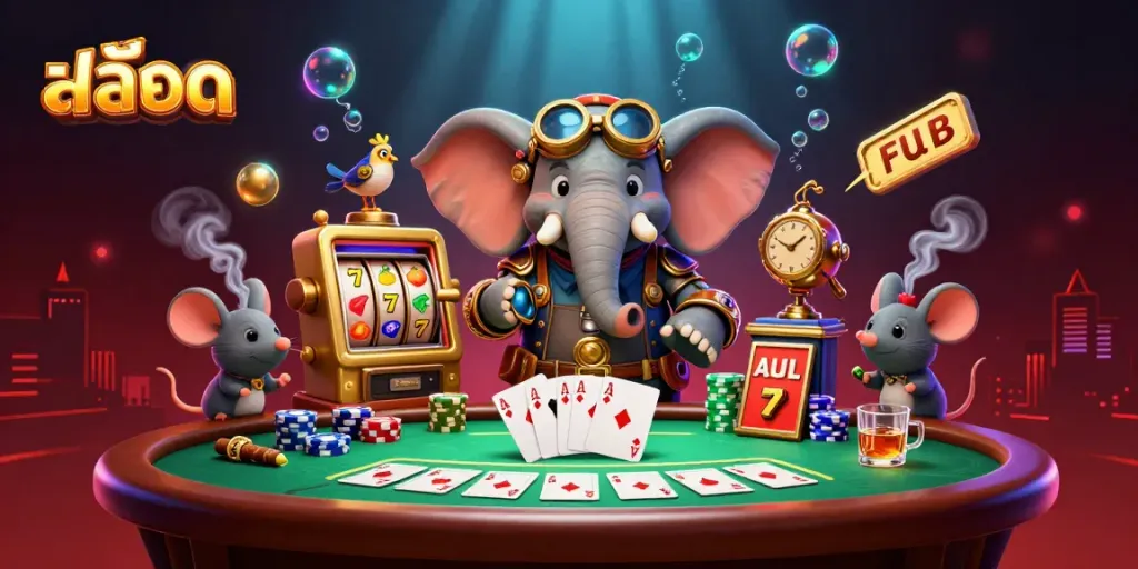 Spin the golden slot machine with สล็อต symbols in this vibrant 3D casino scene filled with dynamic gaming elements.