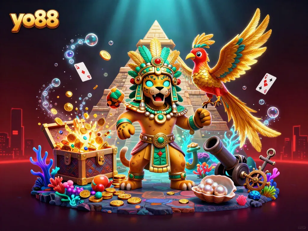 Experience thrilling gameplay at yo88 with an immersive 3D illustration of vibrant casino elements.