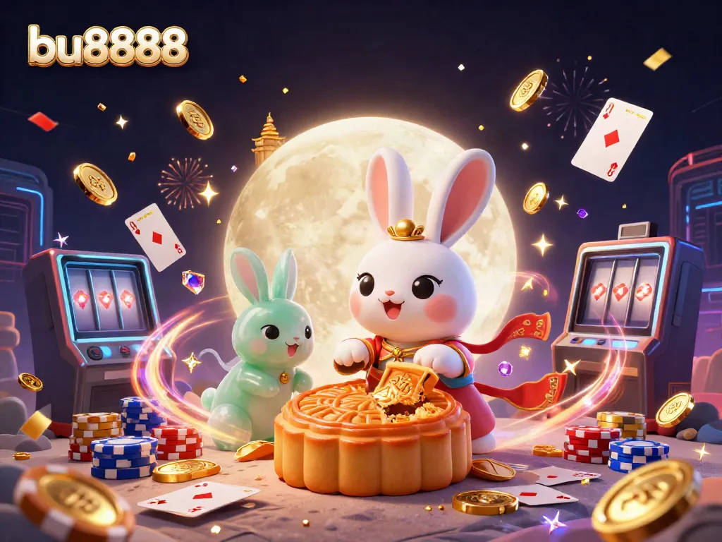 Experience the excitement of bu8888 with a vibrant scene featuring a moon rabbit, poker chips, and festive casino elements.
