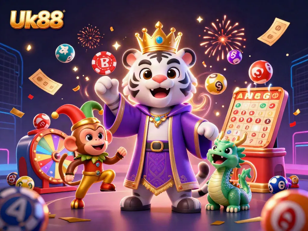 Engage with the vibrant world of Uk88, showcasing a playful scene with a tiger, monkey, and dragon amidst dazzling casino elements.