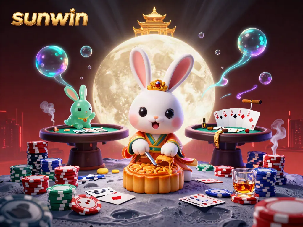 Experience sunwin-themed gaming with the moon rabbit and dynamic poker elements in this illustration.