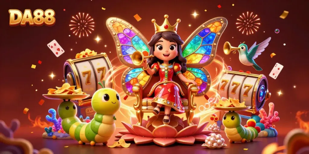 Experience the vibrant DA88 casino scene with a butterfly queen, gaming symbols, and sparkling treasures.
