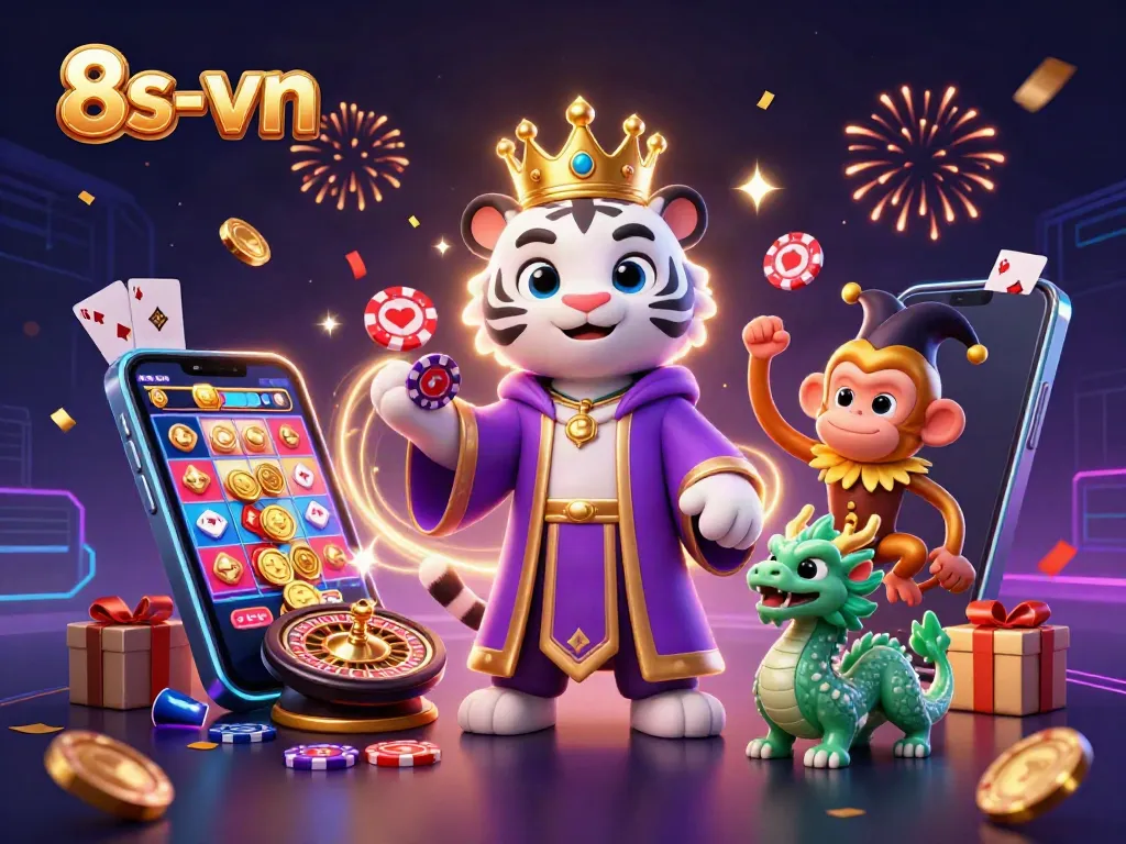 Experience 8s-vn with an energetic 3D casino scene featuring a white tiger, monkey, and jade dragon.