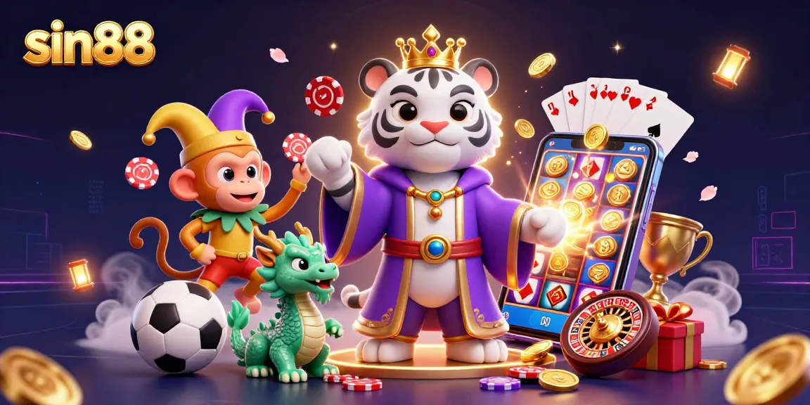 sin88 features a dynamic scene with a tiger, monkey, and dragon amidst sports betting elements.