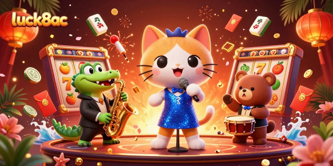 Experience luck8ac at the lively casino with animated characters performing amidst floating slot reels and festive symbols.