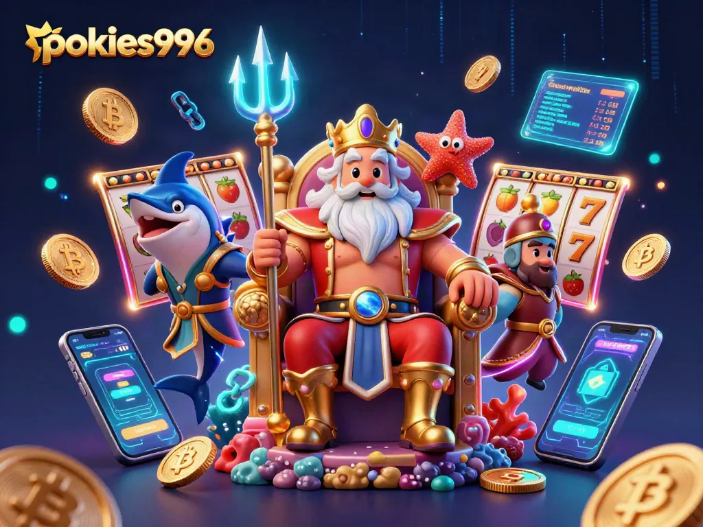 Spin and win with pokies996 in a vibrant casino scene featuring Neptune and slot elements.