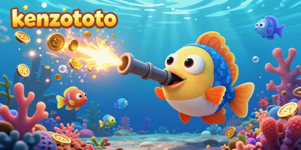 Experience thrilling gameplay with kenzototo's vibrant fish shooting cannon amidst colorful sea creatures.