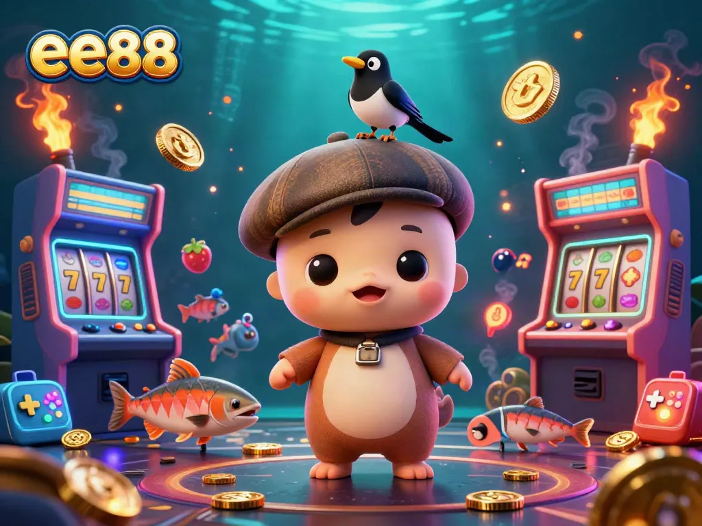 Play with ee88 in a vibrant casino scene featuring Nessie and friends surrounded by colorful slot machines.