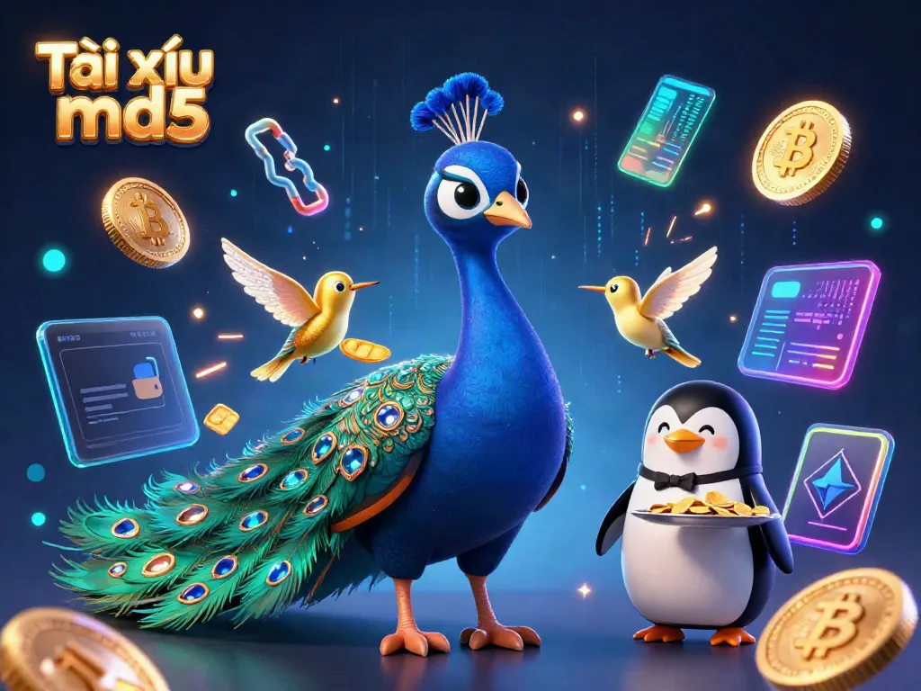 Engage in Tài xỉu md5 with vibrant energy, showcasing characters amidst neon blockchain elements.