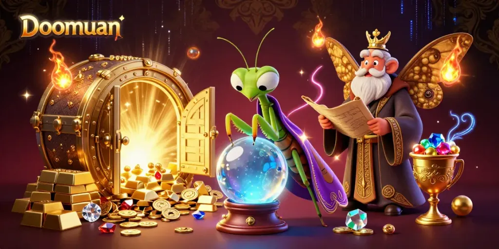 Doomuan showcases a 3D cartoon praying mantis fortune teller with a crystal ball in a vibrant casino-themed scene filled with treasures.