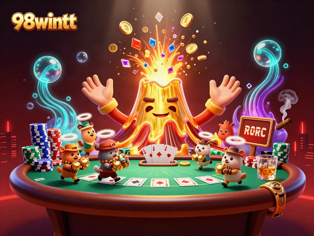 Immerse in winning with 98wintt’s golden volcano erupting treasure surrounded by vibrant poker elements.