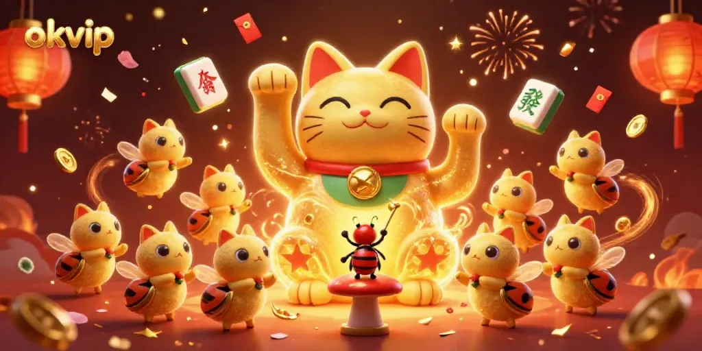Experience the excitement of okvip with a vibrant golden lucky cat and dynamic casino elements.