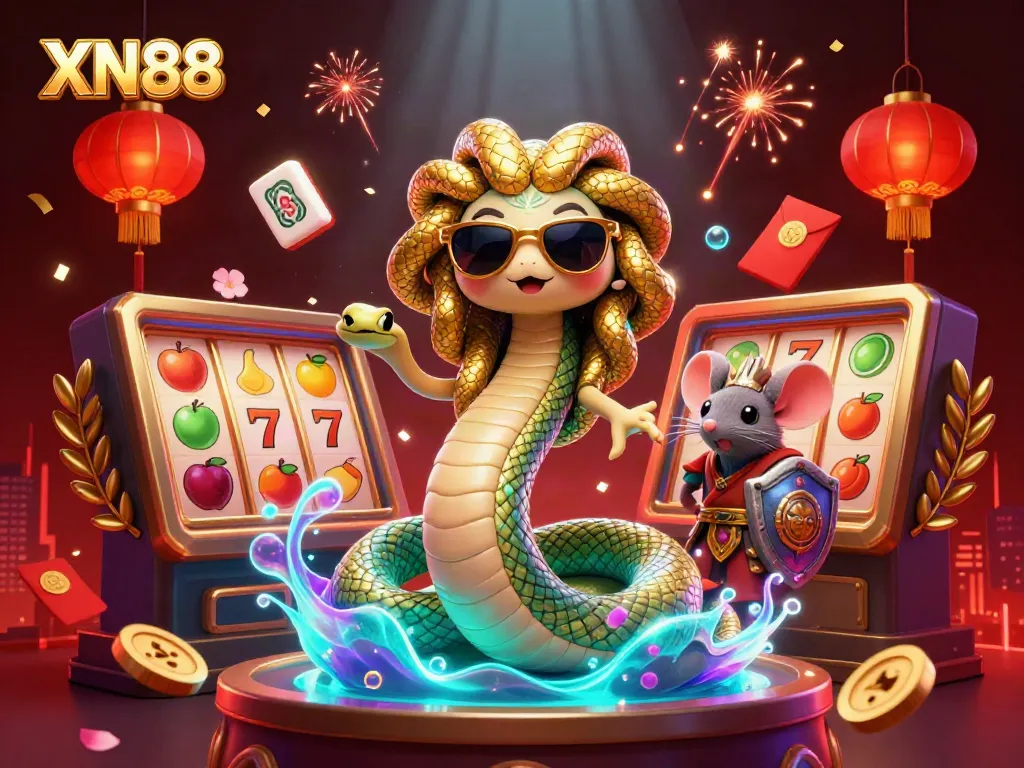 XN88 casino scene exhibiting a friendly Medusa and warrior mouse amidst slot machines and festive elements.