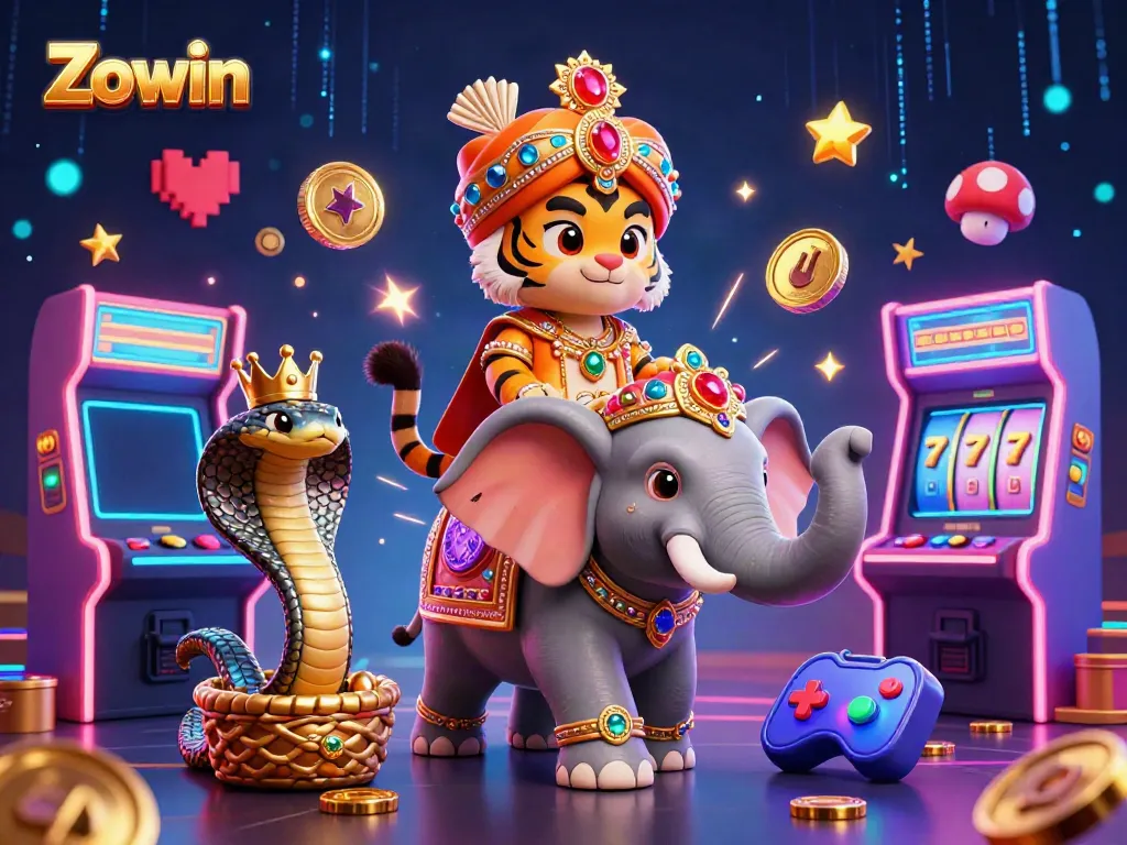 Engage with Zowin's vibrant casino gaming experience featuring colorful characters and arcade elements.