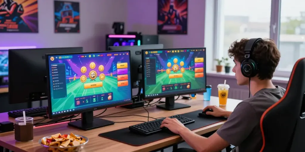Davo 88 online lottery gaming setup with dual monitors and vibrant atmosphere.