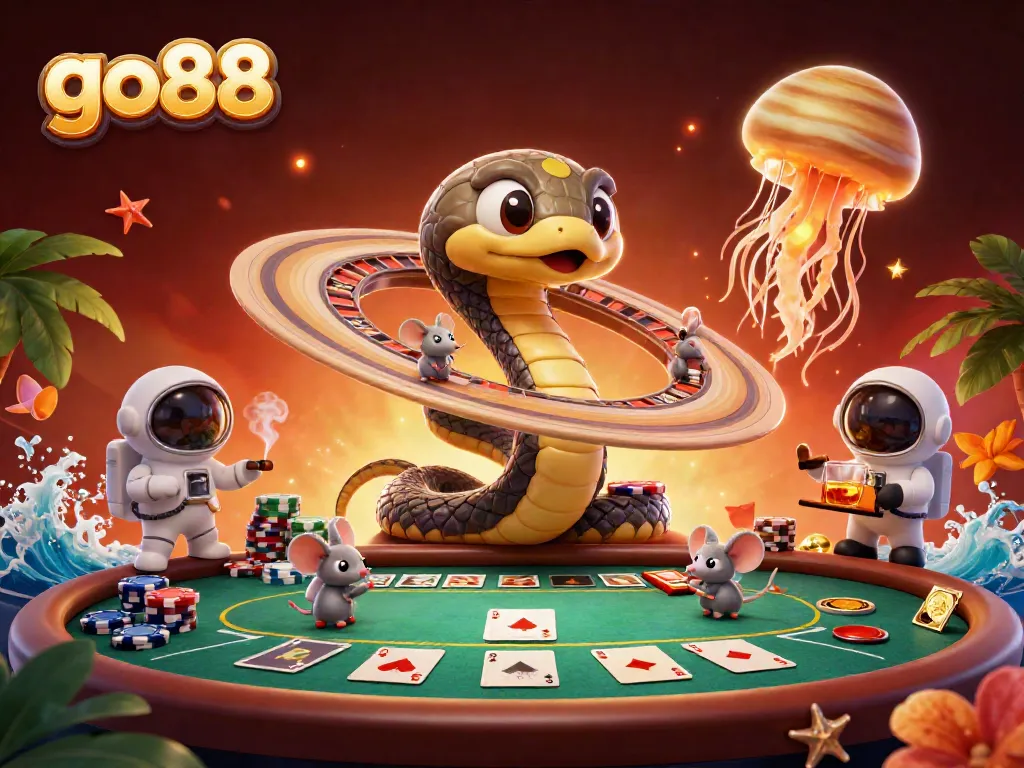Experience thrilling gameplay at go88 with a cosmic-themed casino scene full of vibrant characters and action.