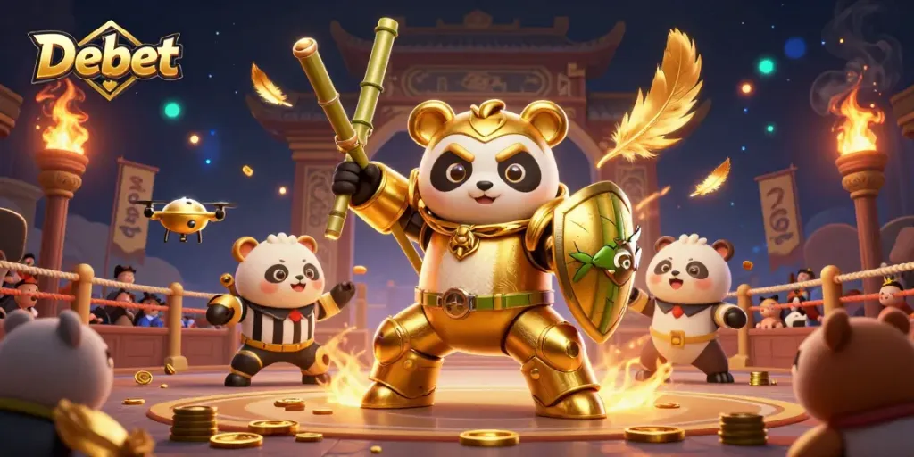 Engage in dynamic sports betting action with Debet's lively panda robot match scene, featuring coins and cheering crowds.