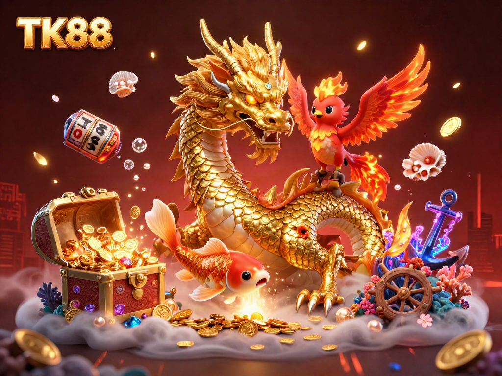 Experience thrilling gameplay with TK88 as a fierce dragon and phoenix emerge amidst casino wonders.