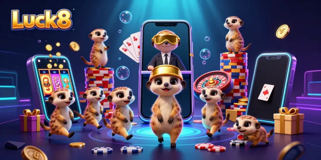 Experience the colorful casino operation of Luck8 with meerkats as dealers, surrounded by gaming elements.