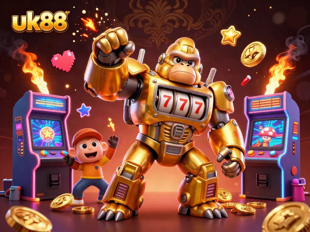 Experience the thrill at uk88 with a powerful golden gorilla mech, vibrant arcade elements, and casino excitement.