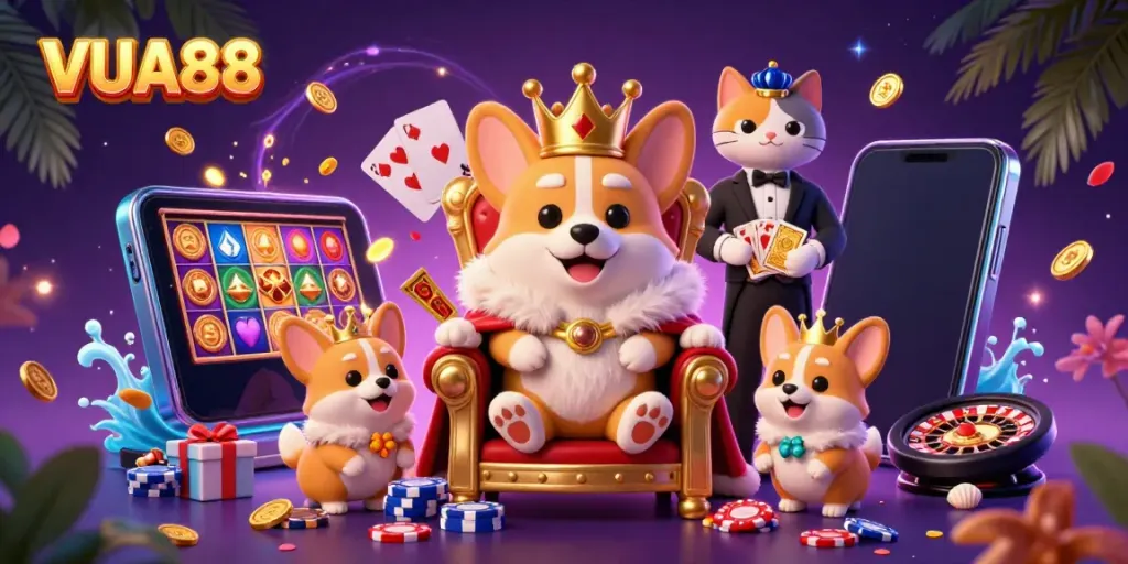 Experience the thrill of VUA88 with vibrant gaming elements and royal characters in a dynamic casino scene.