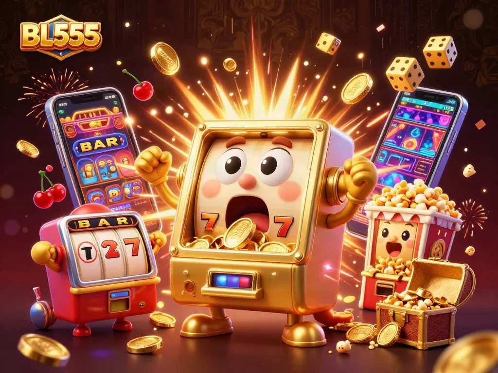 Players celebrate jackpots at BL555, watching golden coins pour from the cheerful slot machines.