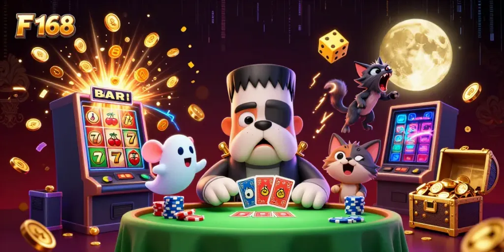 Win big with F 168 in this dynamic 3D casino showdown featuring unique characters and vibrant gaming elements.