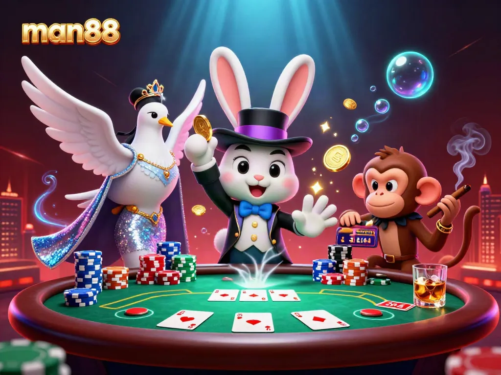 Experience man88 magic with a rabbit pulling coins, illustrating exciting casino gaming.