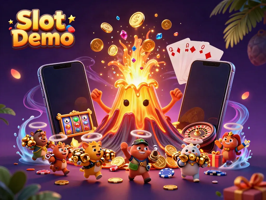 Experience the excitement of Slot Demo as a cartoon volcano erupts with gems and coins.