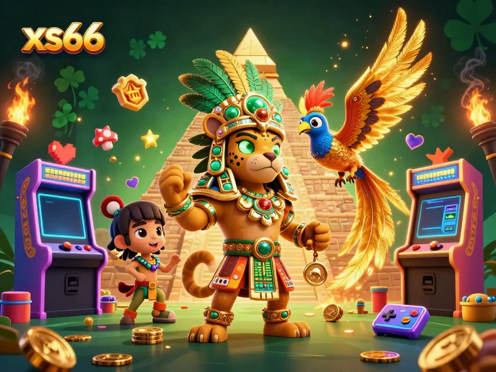 Experience thrilling wins with xs66 in a vibrant, dynamic 3D casino illustration featuring Mayan characters and gaming elements.
