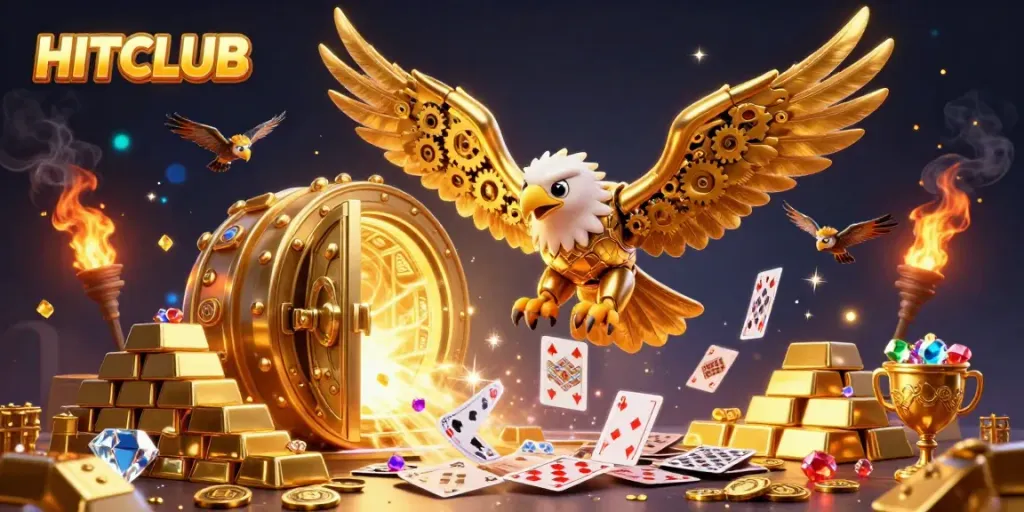 Experience the excitement of HITCLUB as the golden eagle dives through holographic cards.