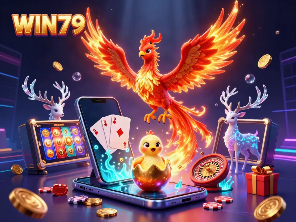 Experience the excitement of WIN79 with a vibrant, engaging casino-themed illustration featuring a phoenix and gaming elements.