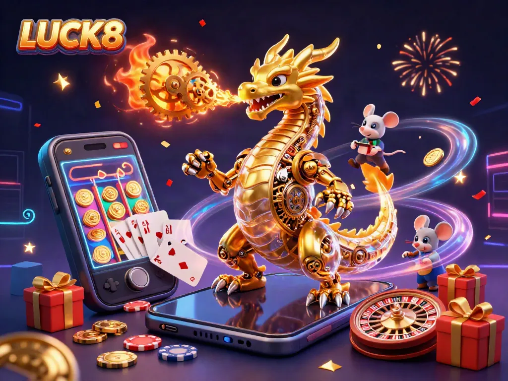 Spin jackpot reels and win with LUCK8's golden dragon amidst casino excitement