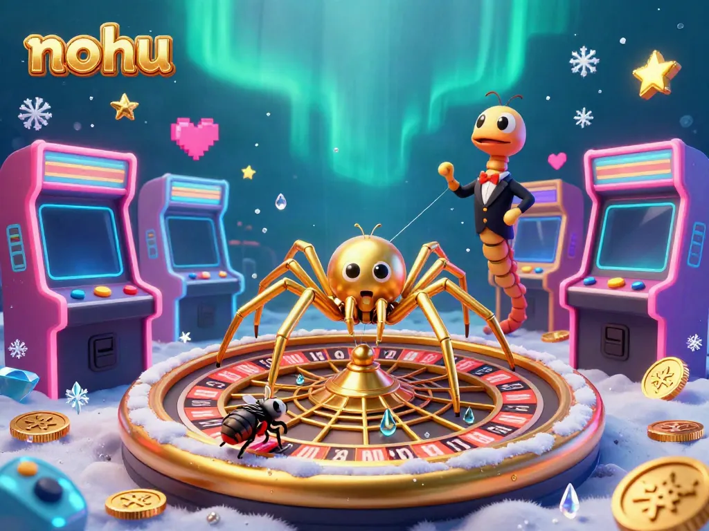 Nohu's thrilling gameplay features a golden spider crafting a roulette web while players bet, showcasing vibrant casino elements.